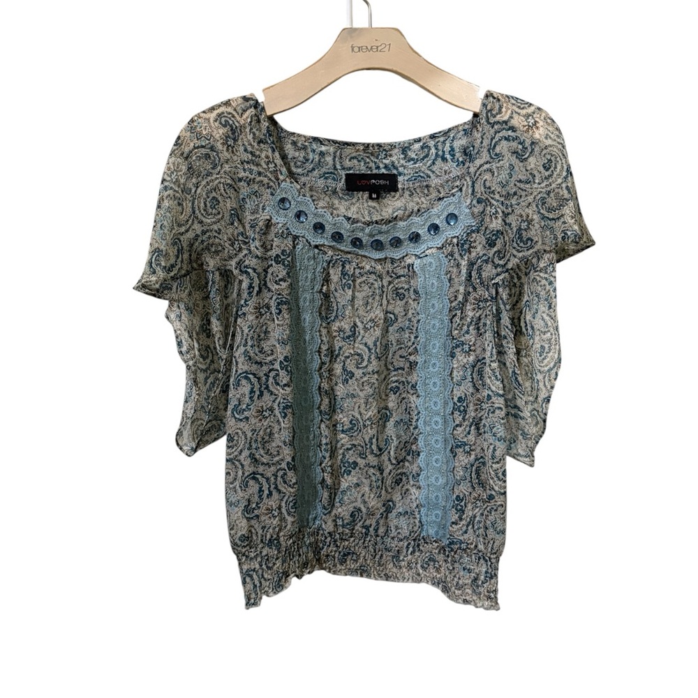Blue and Cream Paisley bedazzled blouse with lace accents